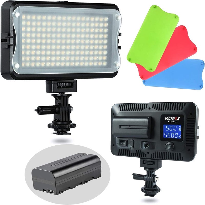 VILTROX فيلتروكس VL-162T ضوء فيديو LED CRI95+، لوحة ضوء كاميرا محمولة قابلة للتعتيم لكاميرا DSLR وكاميرا الفيديو مع بطارية وشاحن، سطوع عالي، 3300K-5600K ثنائي اللون، فلتر أبيض وشاشة LCD - Image 1